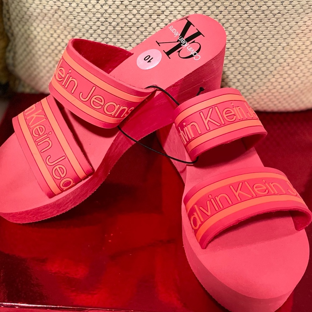 Calvin Klein Logo Strap Wedge Sandal Red and Orange - Picture 7 of 11